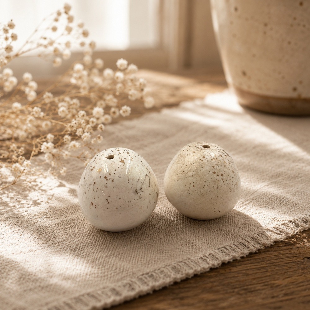 Vintage Studio Pottery Egg‎ Salt Pepper Shakers Cream Speckled Glaze Pair